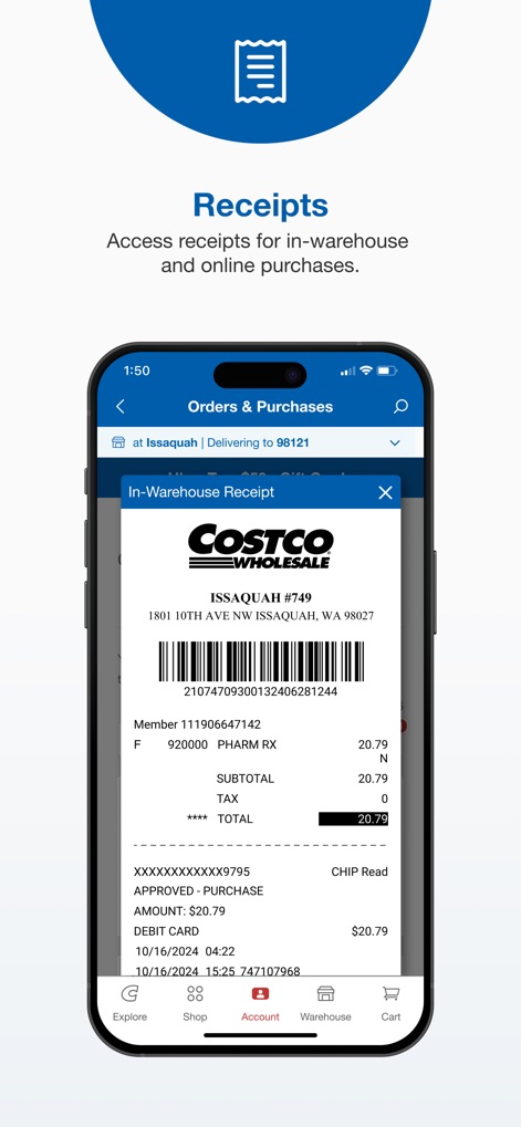 Costco - The app provides instant access to 'In-Warehouse Receipt' details, allowing users to review purchase items and payment information directly from the 'Orders & Purchases' section.