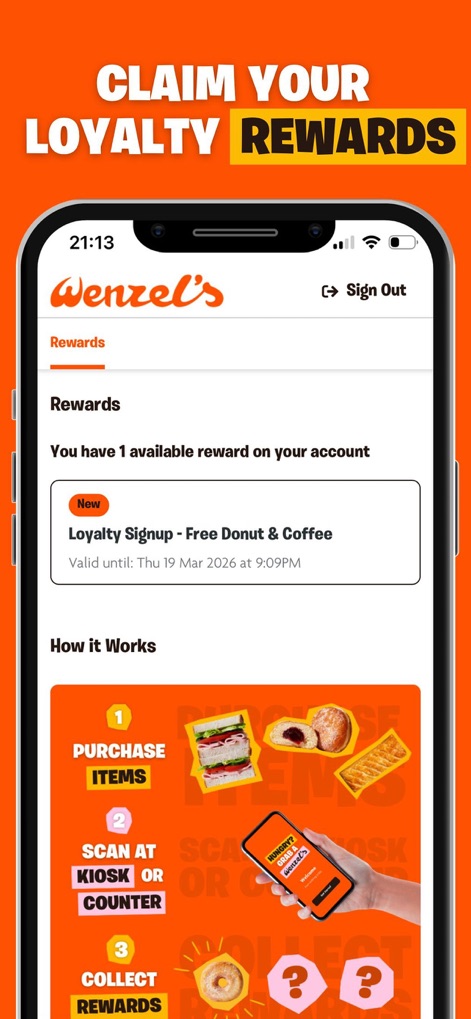 Wenzel’s Loyalty App - Users can easily 'CLAIM YOUR LOYALTY REWARDS' by viewing their available offers, such as the 'Loyalty Signup - Free Donut & Coffee,' and understanding the program through the 'How It Works' visual guide.