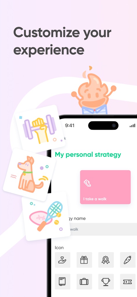 Quit smoking for good - Kwit - Esta herramienta permite personalizar las estrategias de afrontamiento, eligiendo iconos de actividades como 'I take a walk' o un gimnasio para motivarse.