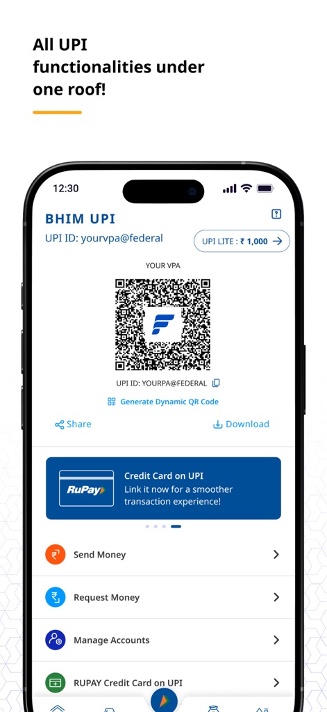 FedMobile - Witness the seamless integration of all UPI functionalities, from generating dynamic 'QR Codes' for payments to linking a 'Credit Card on UPI' for diverse transactions.