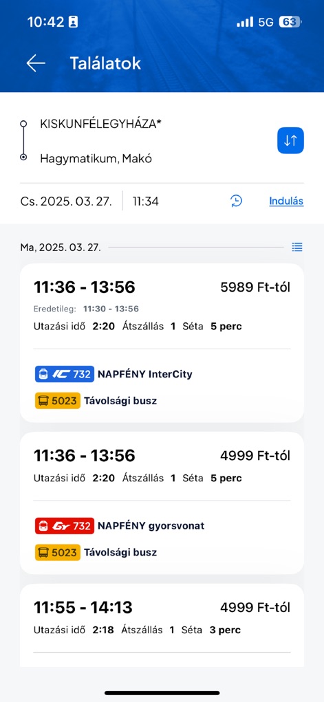MÁVPlusz - The app efficiently presents diverse journey options, showing detailed travel times and prices, alongside specific transport methods such as 'IC 732 NAPFÉNY InterCity' and 'Távolsági busz'.