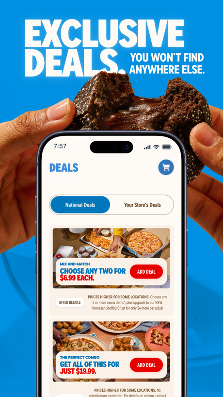 Domino's Pizza USA App Store screenshot 4, headline “EXCLUSIVE DEALS”. Blue.