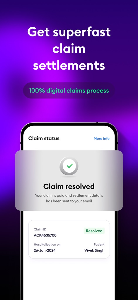 ACKO Insurance - Experience transparent claim processing, clearly showing 'Claim resolved' statuses and detailed information like the 'Claim ID' and hospitalization dates.