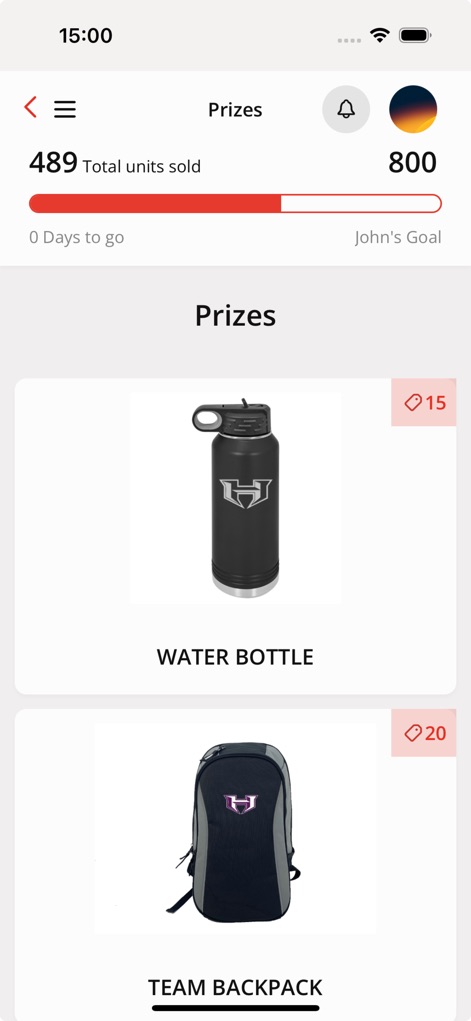 RAISE365 - The app showcases a dynamic progress bar for 'Total units sold' and visually presents enticing rewards like the branded 'WATER BOTTLE' and 'TEAM BACKPACK'.