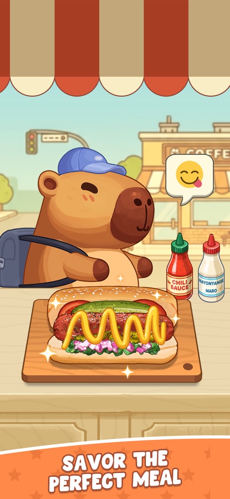 Cookingo: Perfect Meal - Observe the delightful presentation of a fully dressed hotdog, complete with squiggles of mustard and ketchup, served to a happy capybara customer.