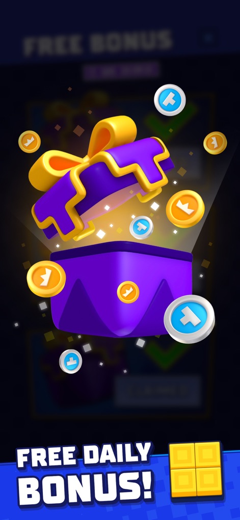 Tetris® - La aplicación incentiva a los usuarios con un 'FREE DAILY BONUS' que revela una caja de regalo vibrante de la cual emergen monedas y tokens como recompensa.