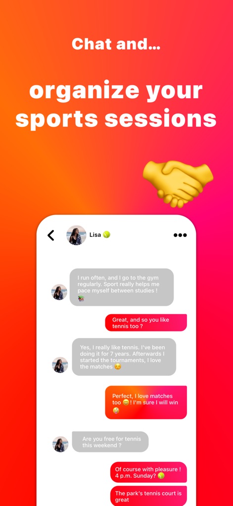 AtClub - Sports partners - Die App ermöglicht es, Sport-Sessions direkt im Chat zu organisieren, wie die Unterhaltung über ein Tennis-Match mit "Lisa" und das Handshake-Emoji verdeutlichen.