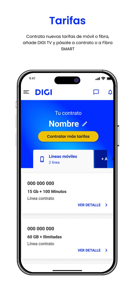 Mi DIGI - In questa sezione, gli utenti possono personalizzare il proprio contratto visualizzando le linee mobili attive e accedendo facilmente al pulsante per contrattare nuove tariffe, adattando i servizi alle proprie esigenze.