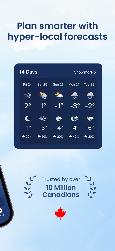 The Weather Network - ユーザーは、今後「14日間」の天気予報を一目で確認でき、長期的な計画を立てる際に役立ちます。この機能では、各日の「最高気温」と「最低気温」が示されており、週単位での準備が可能です。