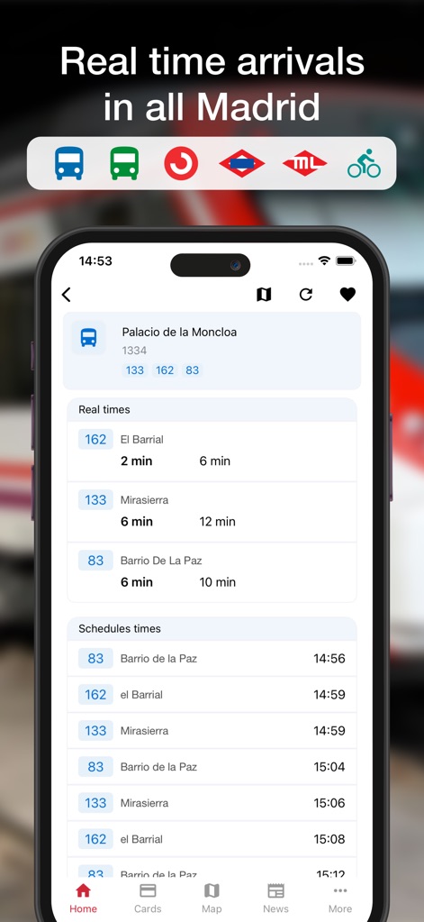 Madrid Transport - TTP - This tool delivers immediate updates for bus and metro services, displaying precise arrival times and route numbers for seamless navigation.