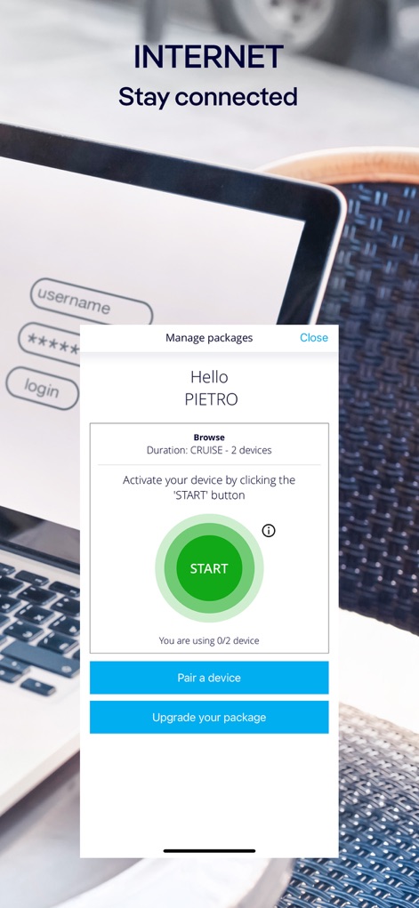 MSC for Me - ユーザーは、この画面でデバイスのアクティベーションを行い、インターネットパッケージの状況を確認したり、必要に応じてパッケージをアップグレードしたりできます。