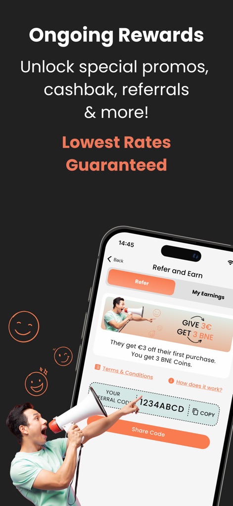 BNESIM: 5G eSIM Data profiles - このアプリは、キャッシュバック、紹介プログラム、およびプロモーションコードなど、魅力的な特典を提供します。ユーザーは「Refer and Earn」セクションから、友人を紹介して報酬を得ることができます。