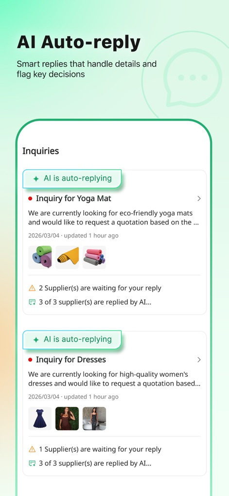 Accio: Alibaba AI Agent - The app demonstrates its 'AI Auto-reply' feature by handling inquiries efficiently, clearly showing the 'AI is auto-replying' status and the number of suppliers responded to.
