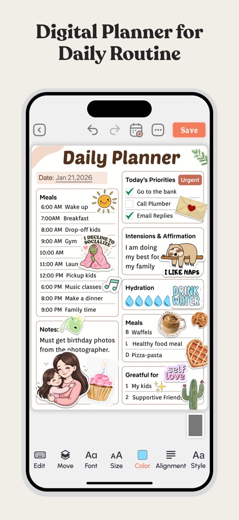 Daily Planner & To Do List - Questo screenshot mostra come l'app organizza la programmazione giornaliera con orari e mette in risalto gli elementi visivi personalizzabili (sticker, icone) per un tocco unico.