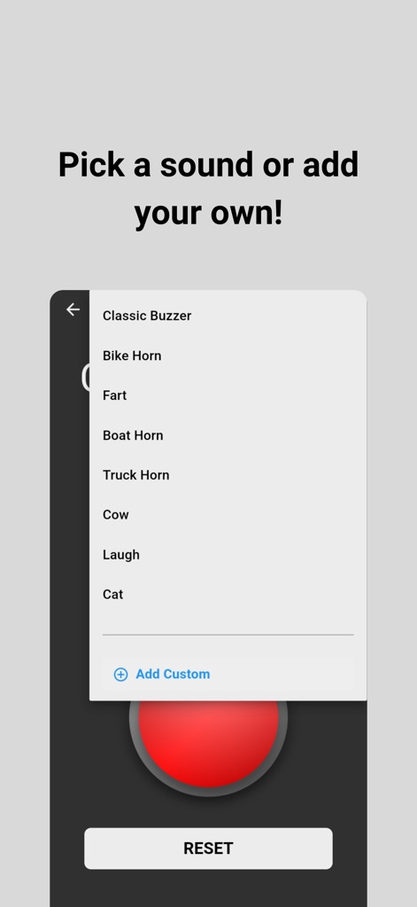 Buzzer connect - Les utilisateurs peuvent personnaliser l'expérience sonore en sélectionnant parmi un 'Menu déroulant de sons' prédéfinis ou en ajoutant une 'Option personnalisée' pour une ambiance unique.
