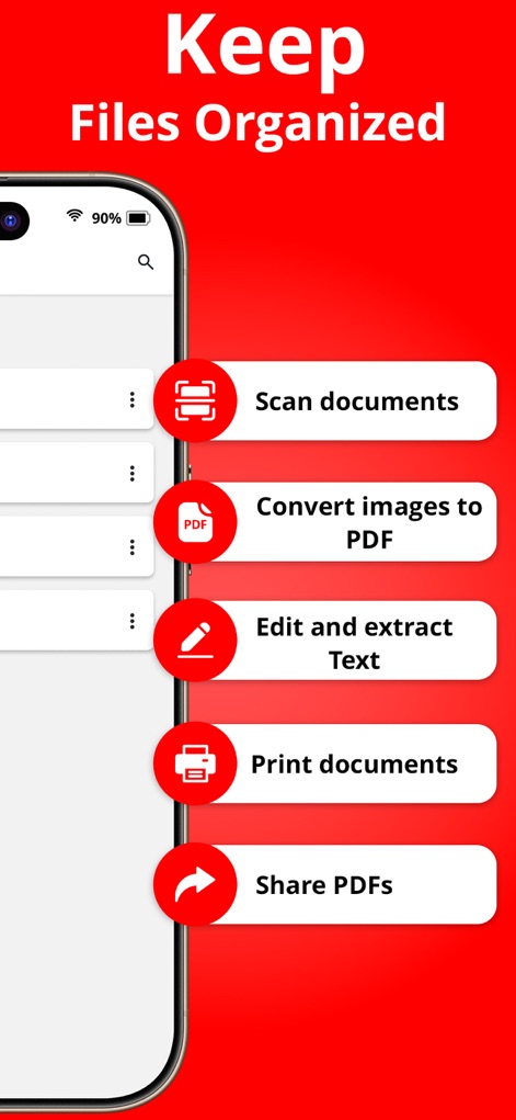 PDF Reader - Scanner app - Die App demonstriert eine übersichtliche Funktionsliste (X) mit Optionen wie 'Dokumente scannen' und 'Bilder zu PDF konvertieren', und bietet Nutzern direkten Zugriff auf ihre organisierten Dokumente (Y) im Hauptbereich.