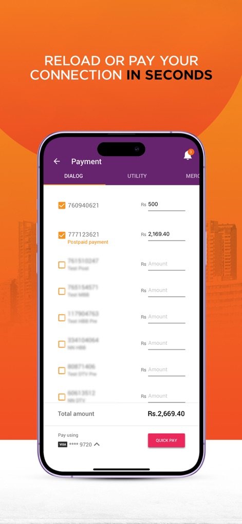 MyDialog - Expedite transactions using the streamlined payment interface, supporting multiple connection bill payments and integrated card options.