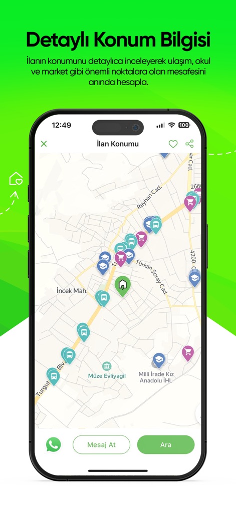 Emlakjet: Emlak Ara & İlan Ver - Eine interaktive Karte visualisiert die genaue Lage der Immobilie und zeigt Symbole für wichtige Infrastrukturpunkte wie Schulen und Haltestellen.