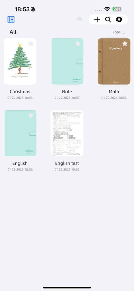 Wellnote: Notes, Free Taking - Explore the app's intuitive grid view for instantly accessing categorized notes and discover the convenient search and add new note functionalities.