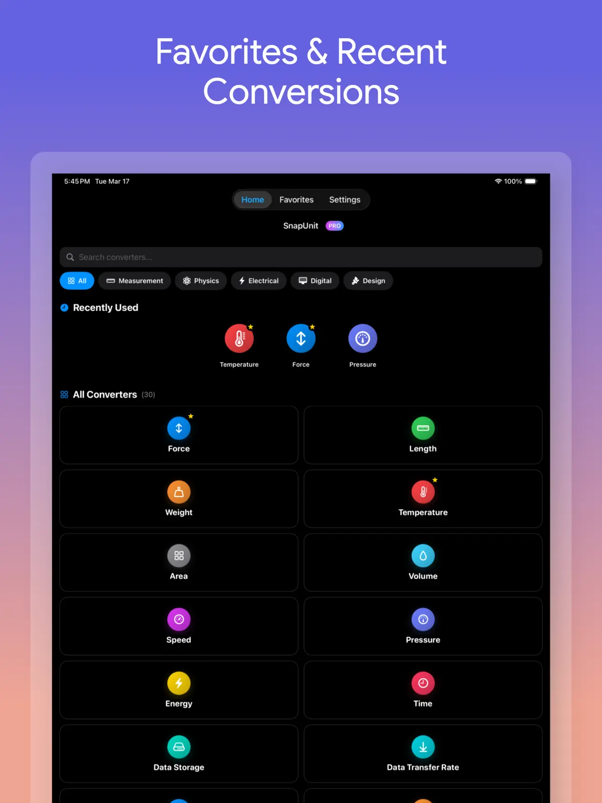 Unit Converter Max showing unit categories, multiple conversion results, and world currencies on iPhone — iPad (4/4)