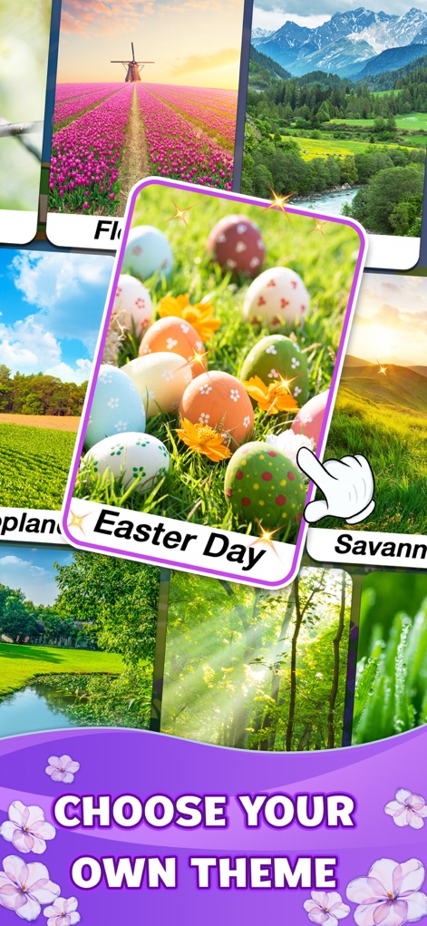 Word Crush® - Fun Puzzle Game - Gli utenti possono personalizzare l'esperienza di gioco scegliendo tra una varietà di temi visivi, come illustrato dalla griglia di paesaggi naturali e dall'opzione "Easter Day" evidenziata con un tocco.