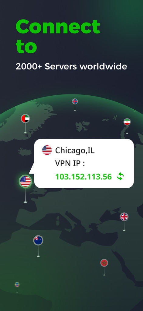 UFO VPN: Ultra Fast Secure VPN - Un mapa global ilustra la extensa red de servidores de la aplicación, destacando ubicaciones específicas como "Chicago,IL" y mostrando la "VPN IP" asignada.
