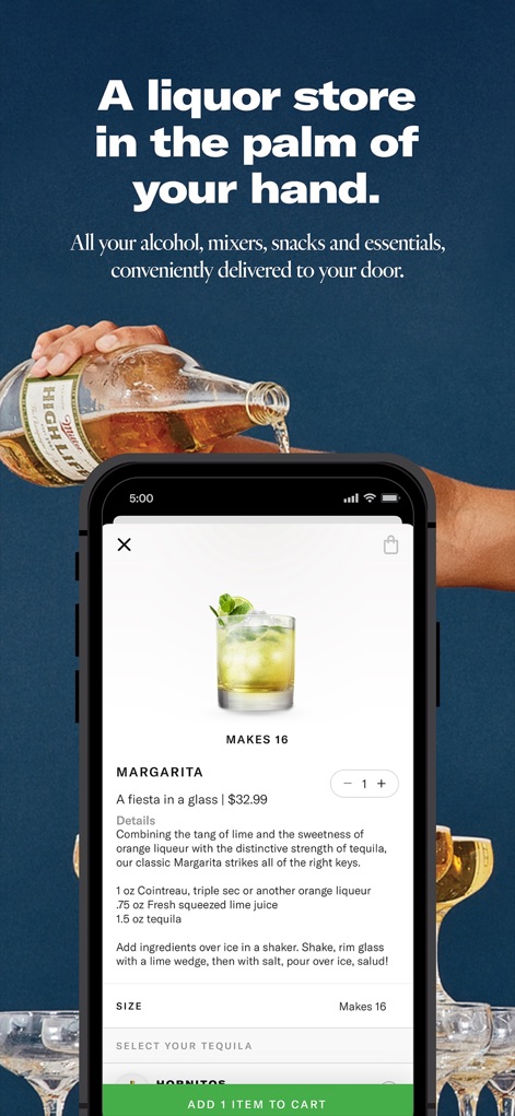 Saucey: Alcohol Delivery - This screen presents detailed cocktail recipes including ingredients, alongside options to select specific tequilas, empowering users to mix drinks.