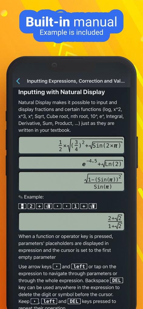 NCalc Scientific Calculator + - La pantalla ilustra la función de visualización natural de expresiones y proporciona ejemplos claros para facilitar la entrada de expresiones complejas de forma intuitiva.
