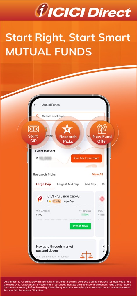 ICICI Direct-Stocks F&O MF IPO - The app guides users in mutual fund investments, featuring quick actions like 'Start SIP' and curated 'Research Picks' for strategic selection.