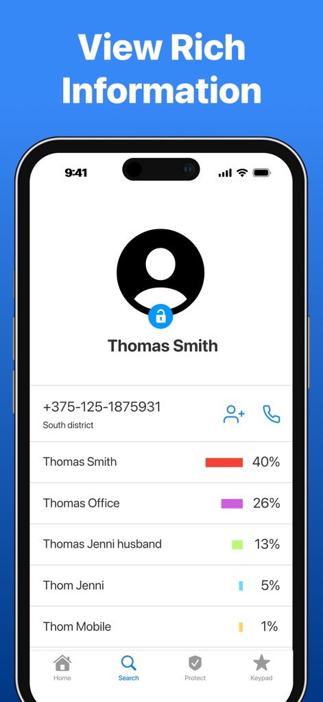 ViewCaller: Caller ID - La aplicación presenta una ficha de contacto ampliada para 'Thomas Smith', mostrando el número completo '+375-125-1875931' y un ícono de candado que simboliza la seguridad de los datos.