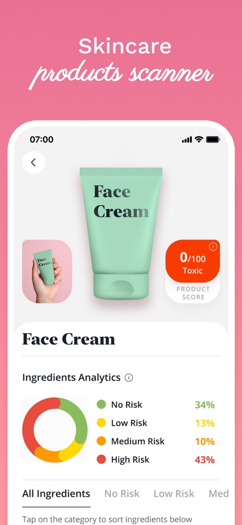 Luvly: Face Yoga Exercises - L'app offre uno "Skincare products scanner" che analizza i prodotti, mostrando un "Product Score" di tossicità e una ripartizione degli ingredienti tramite un grafico a torta.
