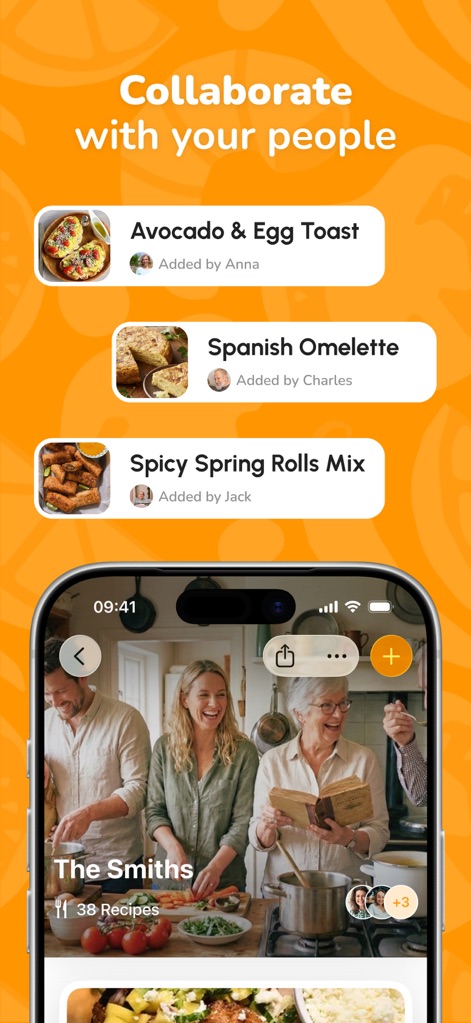 CookNest・Save Your Recipes - The app facilitates shared culinary experiences, displaying recipes added by collaborators like 'Anna' and showcasing shared cookbooks such as 'The Smiths' for group meal planning.