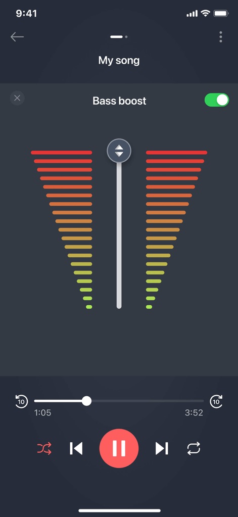 Mp3 Cutter - M4a, Music Cutter - The app allows for deep bass enhancement using a dedicated bass boost slider and provides a clear visual representation of intensified bass levels.