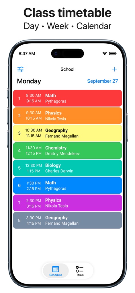 Smart Timetable: Study Planner - O aplicativo apresenta uma visualização clara do horário de aulas semanal, exibindo as disciplinas coloridas e os horários de início/fim de cada sessão.