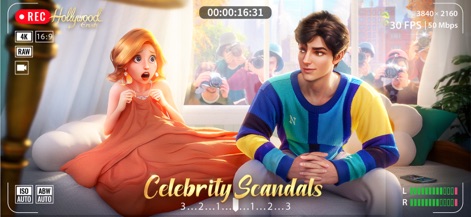 Hollywood Crush - The app immerses players in celebrity drama, showcasing the protagonist's alarmed facial expression and a camera UI overlay, implying a moment captured for public consumption.