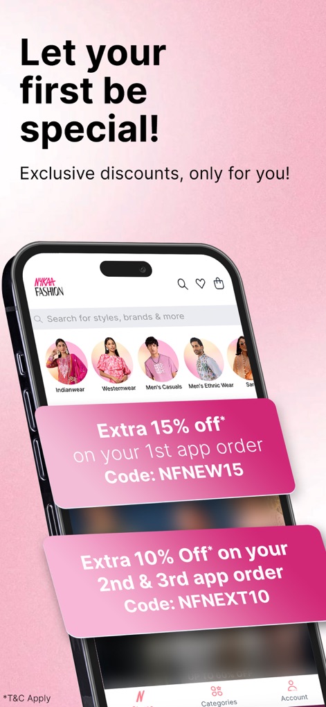 Nykaa Fashion - Shopping App - Nutzer profitieren von speziellen Einführungsangeboten, wie dem "Extra 15% off" auf die erste Bestellung und den deutlichen Bannern, die die Rabattcodes hervorheben.