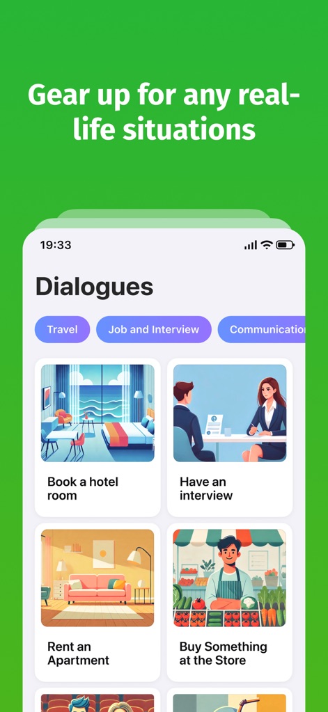 Bright - English for beginners - The app offers a rich library of dialogues, categorized by practical situations such as "Travel" and "Job and Interview," to prepare learners for everyday communication.
