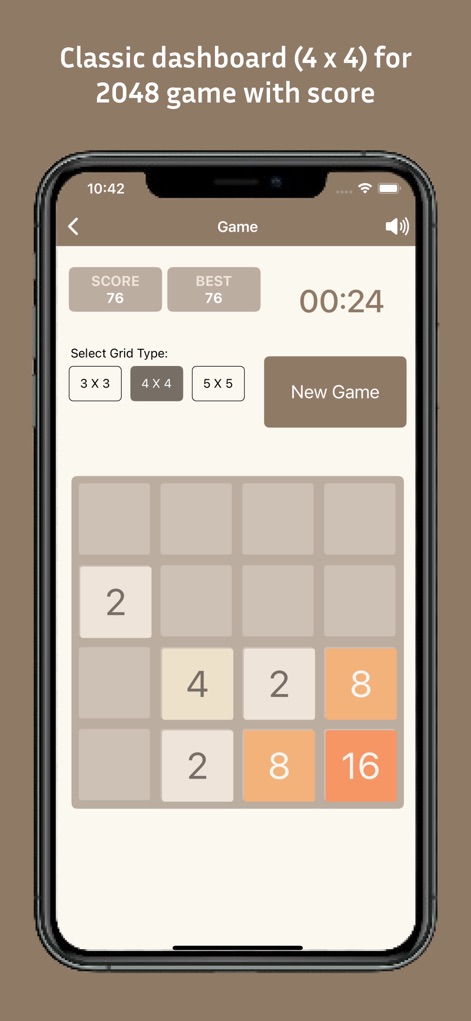 2048 - puzzle number 4096 - La modalità "4x4" è presentata con un display per il "SCORE 76" e diverse tessere numerate, offrendo un'esperienza bilanciata di gioco.