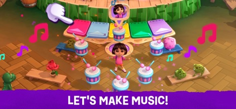 Dora: Explore and Play! - 사용자는 다채로운 드럼 세트와 악기들 사이에서 도라와 함께 음악을 만들고, 화면에 표시되는 음표 아이콘으로 청각적 즐거움을 더할 수 있습니다.