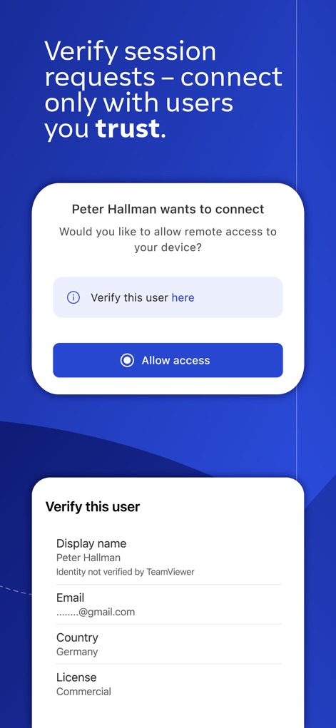 TeamViewer QuickSupport - Los detalles del usuario, como el 'nombre de visualización' y el 'país', se muestran para verificar la identidad antes de conceder acceso, asegurando conexiones de confianza.
