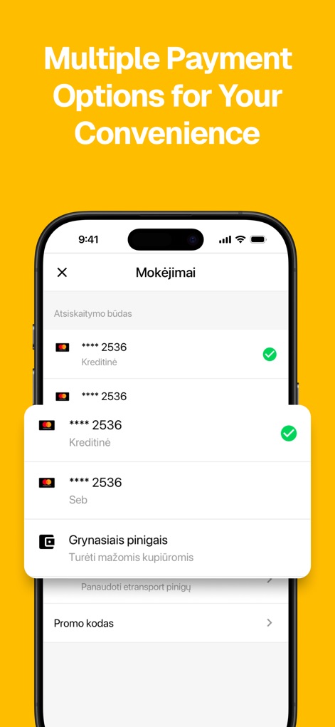 Etransport - Taxi and more - L'application offre une flexibilité de paiement, permettant aux utilisateurs de choisir entre plusieurs cartes de crédit enregistrées et l'option de régler en espèces.