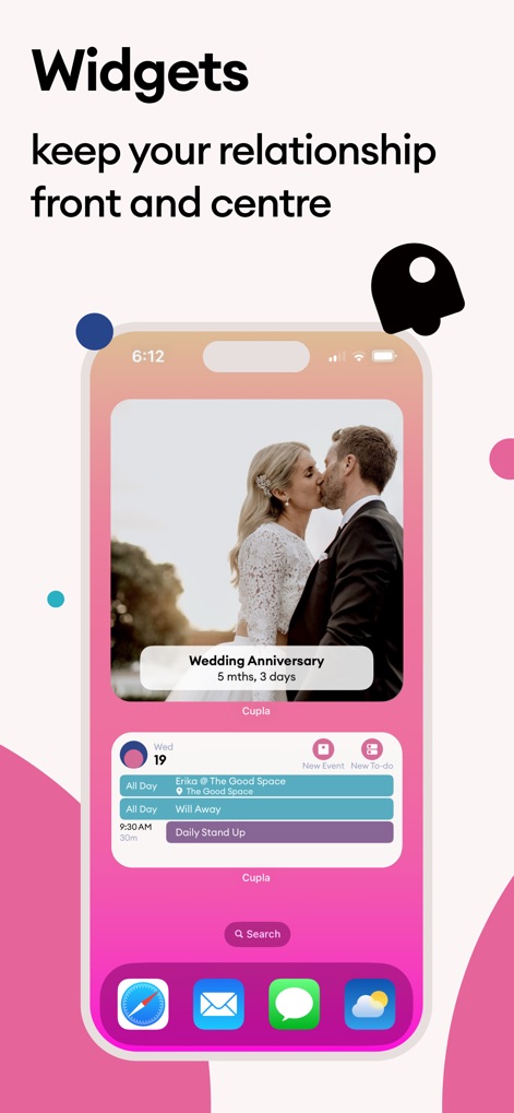 Cupla: Shared Couples Calendar - Enhance daily visibility with customizable home screen widgets, displaying important 'Wedding Anniversary' countdowns and integrated calendar events directly on the device.
