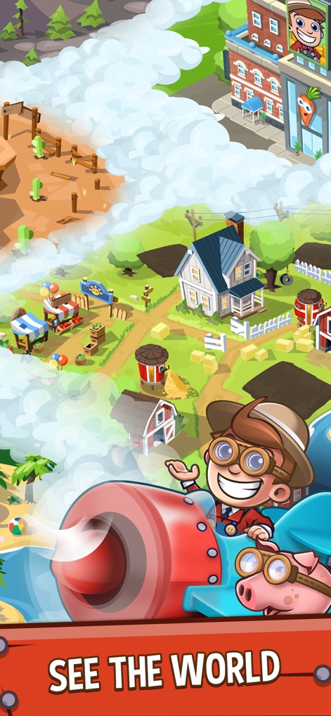 Idle Farming Empire - Nutzer erleben die Expansion ihres Betriebs über diverse Landschaften hinweg, von kargen Wüsten bis hin zu grünen Feldern, und sehen die Möglichkeit, die Welt per Flugzeug zu erkunden, während neue Gebäude entstehen.