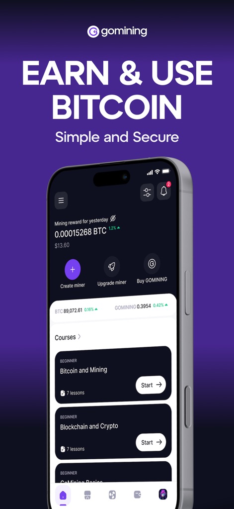 GoMining: BTC Mining & Finance - The app offers a clear overview of daily mining rewards and easy access to educational courses like 'Bitcoin and Mining' to guide users.