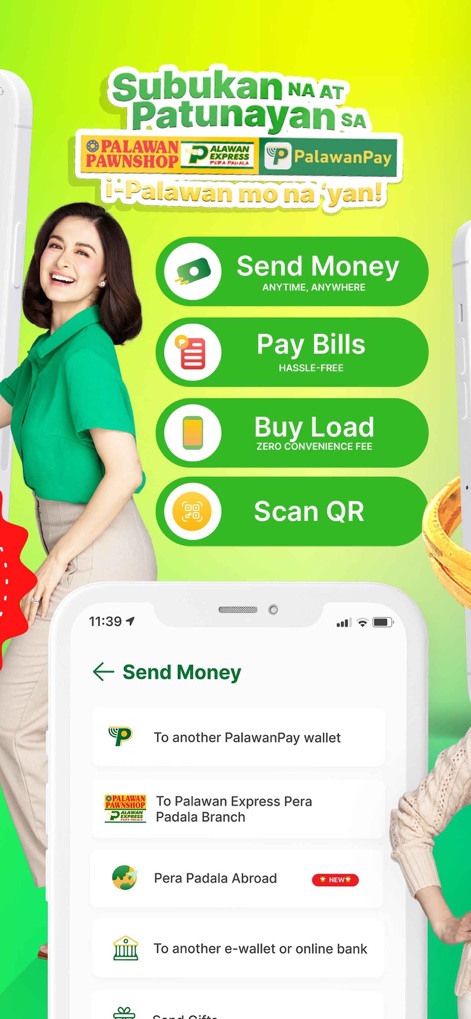 PalawanPay - Explore the primary functionalities displayed prominently, including simplified options for 'Send Money' and 'Pay Bills,' along with diverse remittance pathways such as 'Pera Padala Abroad' and transfers to other e-wallets.