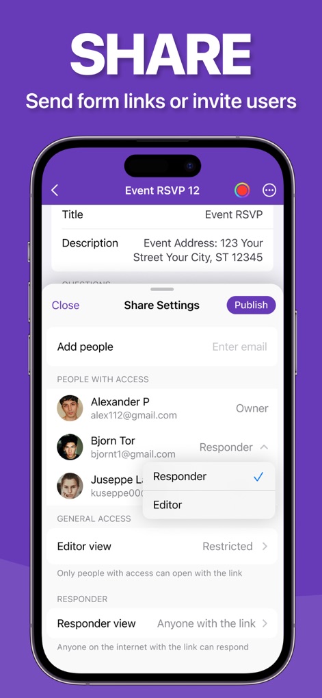 Forms ® - This tool facilitates seamless collaboration by allowing users to invite specific people via email and manage access permissions for editors and responders.