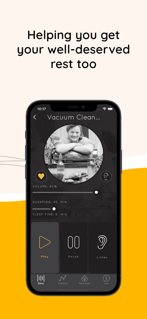 Sound Sleeper Baby White Noise - Dieser Screenshot zeigt die "Vacuum Clean..."-Soundoption mit einstellbarer Lautstärke und einer Laufzeit-Angabe, was die individuellen Anpassungsmöglichkeiten für Eltern verdeutlicht.