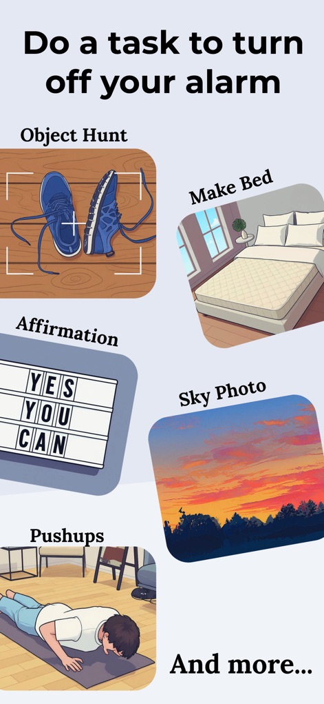 Wayk: Alarm Clock to Wake Up - Esta herramienta presenta diversas misiones como 'Object Hunt' con la imagen de unos zapatos y 'Sky Photo' con una vibrante puesta de sol, asegurando que los usuarios se levanten y realicen una actividad física o mental.