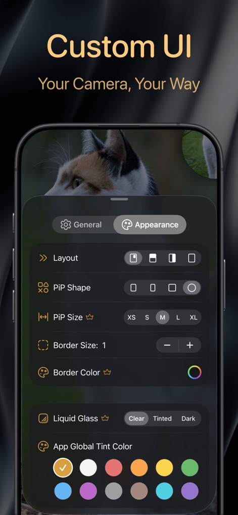 2Camera DualShot Recorder Cam - La aplicación permite una amplia personalización visual, desde la forma del PiP (como cuadrado o círculo) hasta la elección del color de borde y el tamaño del PiP (XS-XL), adaptando la UI al gusto del usuario.