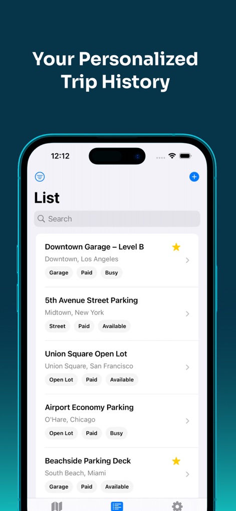 Arab Map Plus Park - Cet outil enregistre l'historique des parkings favoris (identifiés par une étoile) et visités, permettant aux utilisateurs de retrouver facilement des lieux comme "Downtown Garage - Level B" ou "5th Avenue Street Parking".